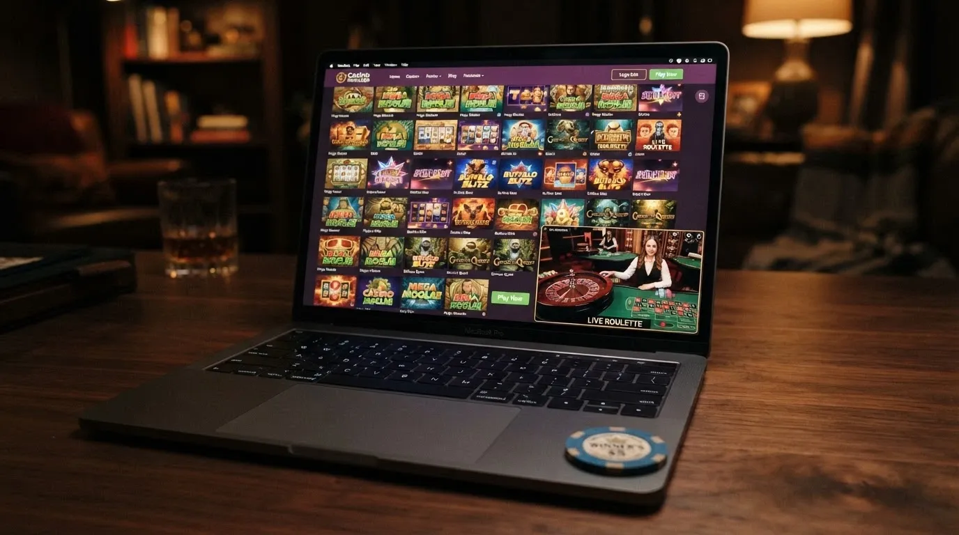 A casino game lobby grid showing pokie thumbnails, a live-dealer roulette table inset, and provider logos (Pragmatic Play, Evolution, BGaming)