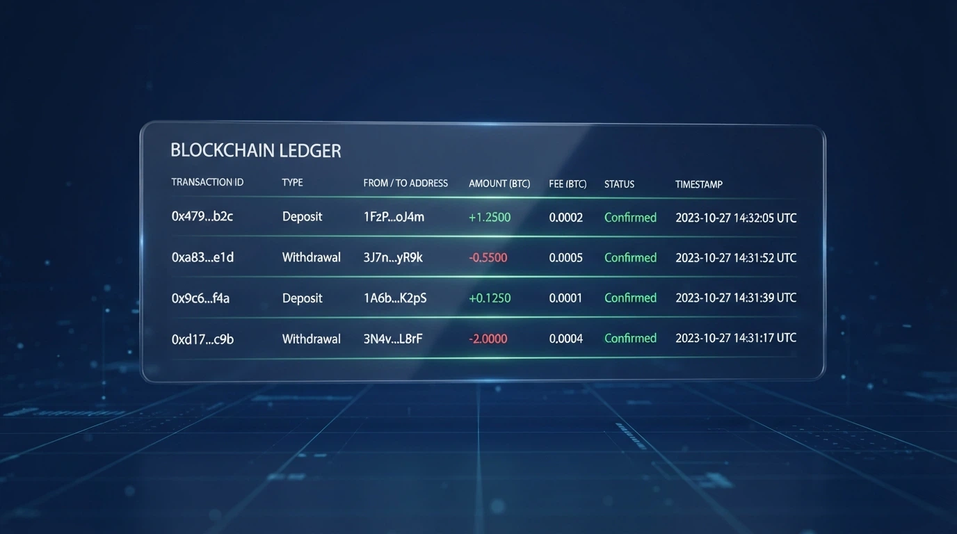 A stylised blockchain explorer screen showing visible transaction records on a public ledger, no obscured or redacted fields