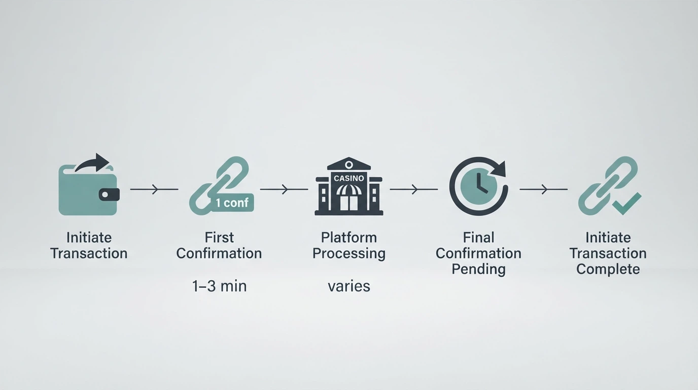 A timeline graphic showing BCH blockchain stages: wallet send → 1 confirmation (~1-3 min) → casino credit → withdrawal processing → on-chain settlement