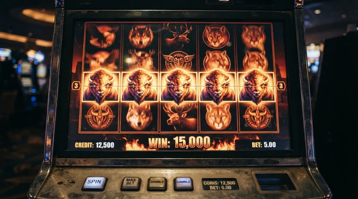 A close-up of the Buffalo pokie reels showing the sunset-gold buffalo symbol landing across the 5×4 grid
