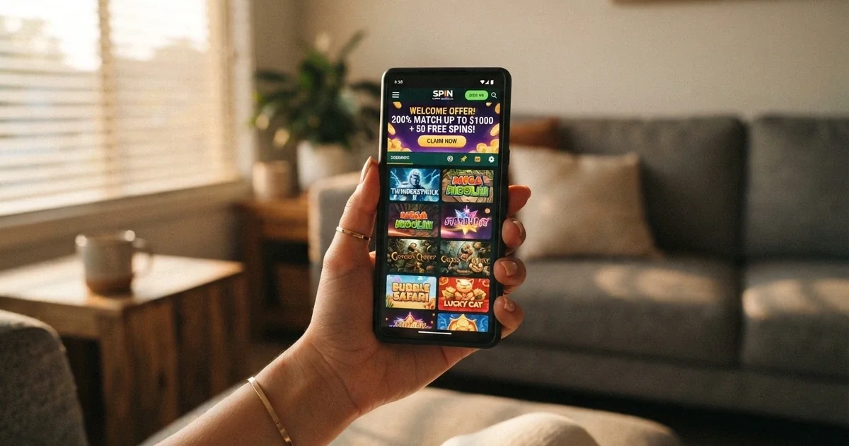 A smartphone held in a hand displaying a colourful casino app homepage with pokies thumbnails and a welcome-offer banner, set against a blurred living-room background