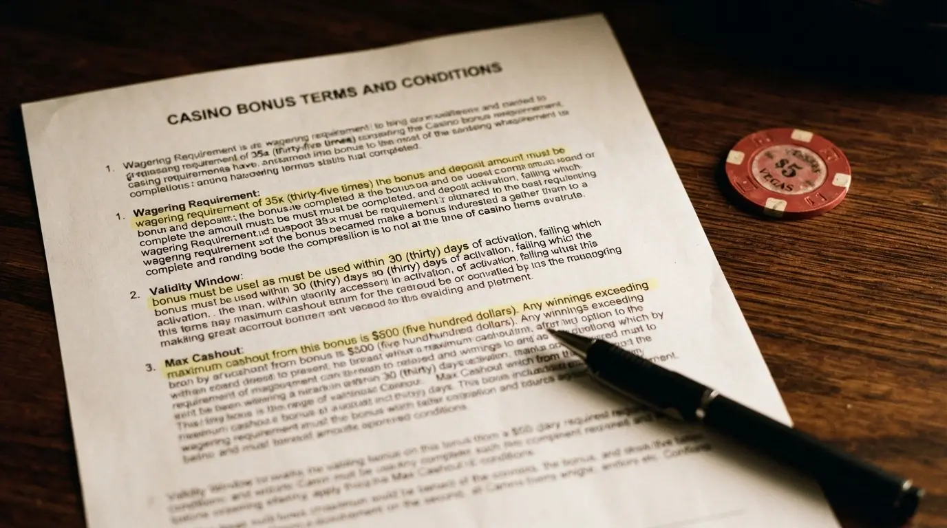 A close-up of bonus terms and conditions — highlighting the wagering multiple, the validity window and the max-cashout clause