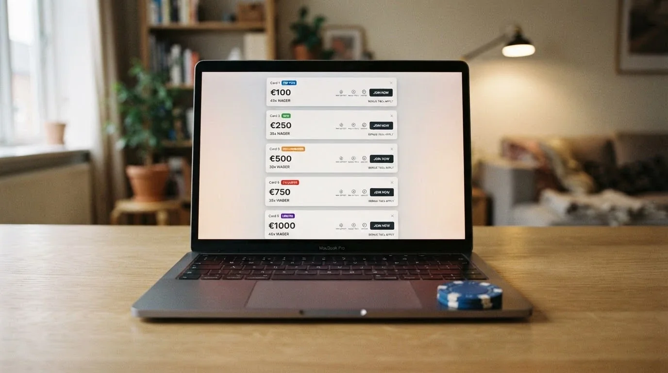 A clean comparison interface — stacked operator cards with licence badges, bonus amounts and wagering figures visible