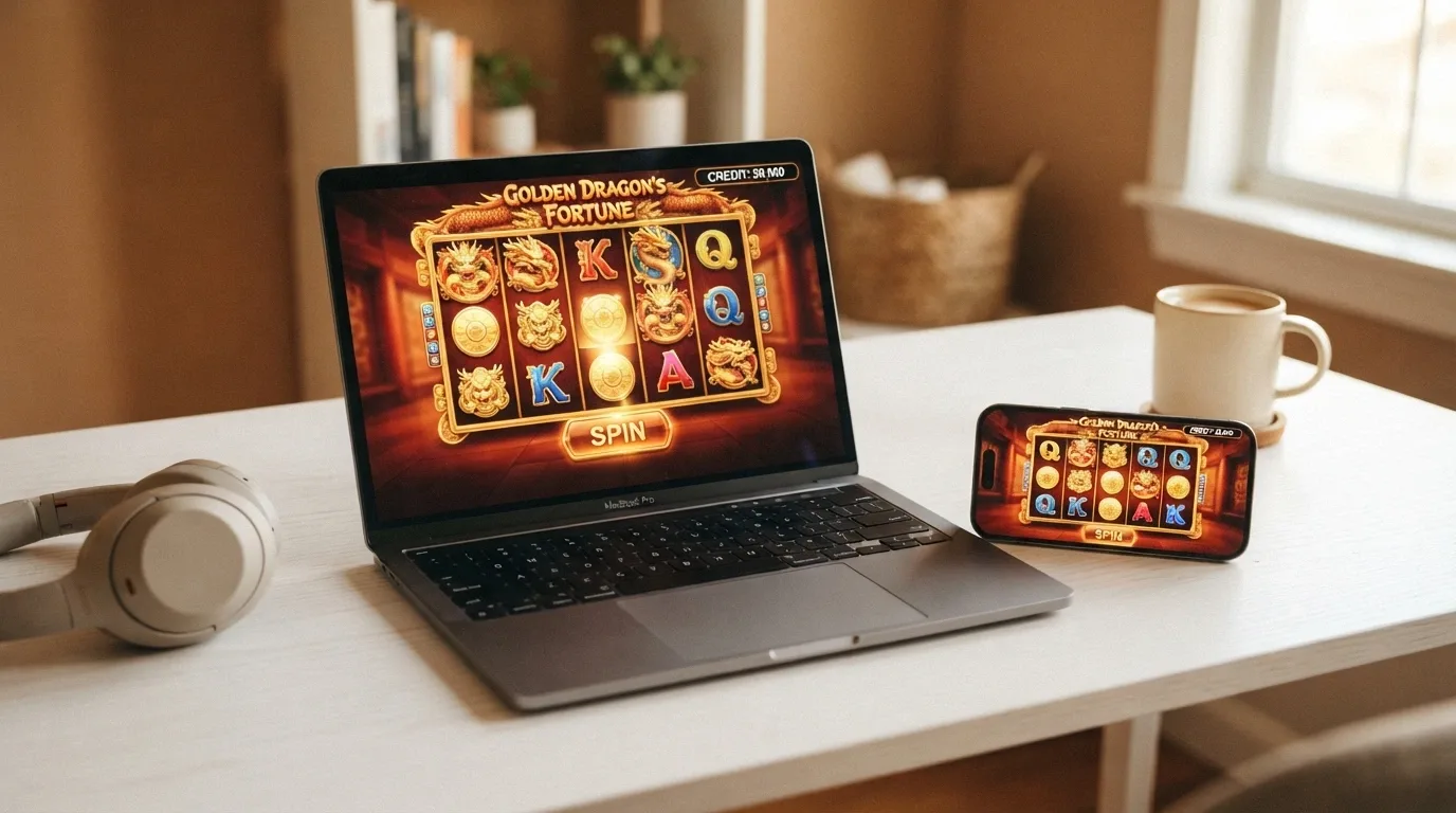 A Betsoft slot in demo mode on a laptop screen — the virtual-credit balance visible, the spin button highlighted, a mobile phone beside it showing the same game
