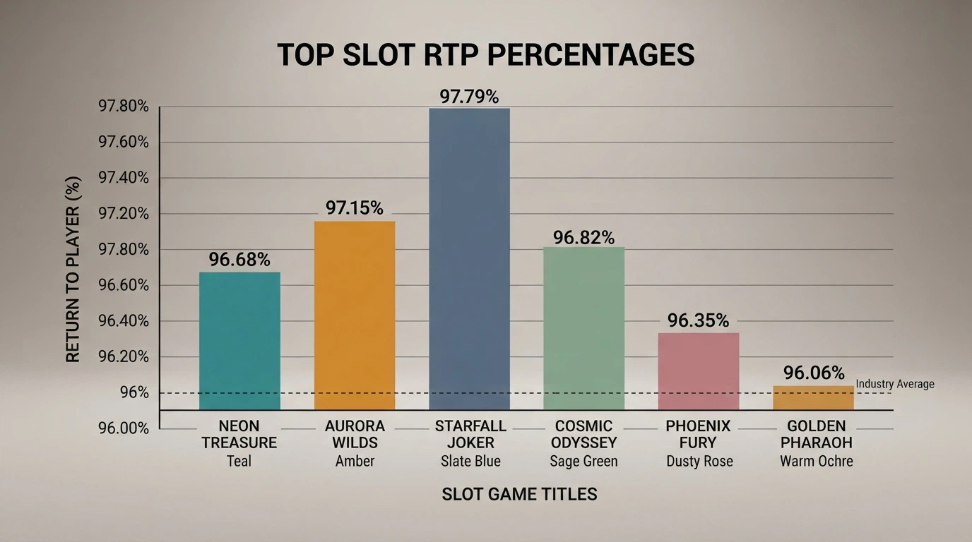 A visual bar chart showing Betsoft's highest-RTP titles ranked from Good Girl Bad Girl (97.79%) down to the mid-96% range, with the industry-average RTP line marked