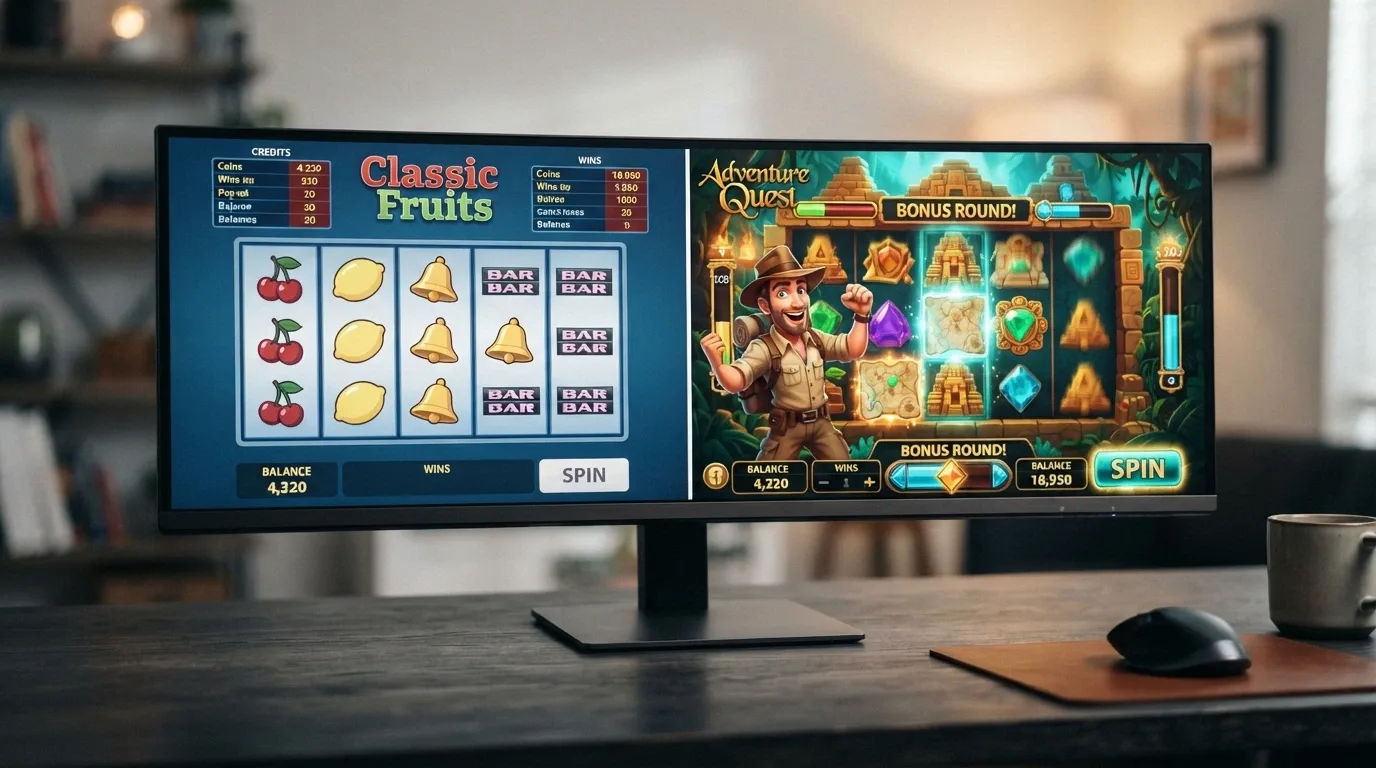 A split-screen comparison — a conventional flat-reel slot on the left, a Betsoft 3D cinematic slot with animated characters and story-driven bonus round on the right