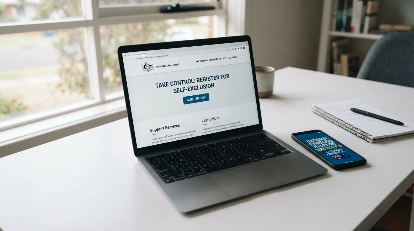 The BetStop National Self-Exclusion Register homepage on a laptop screen, with a smartphone beside it displaying the 1800 858 858 gambling helpline number.