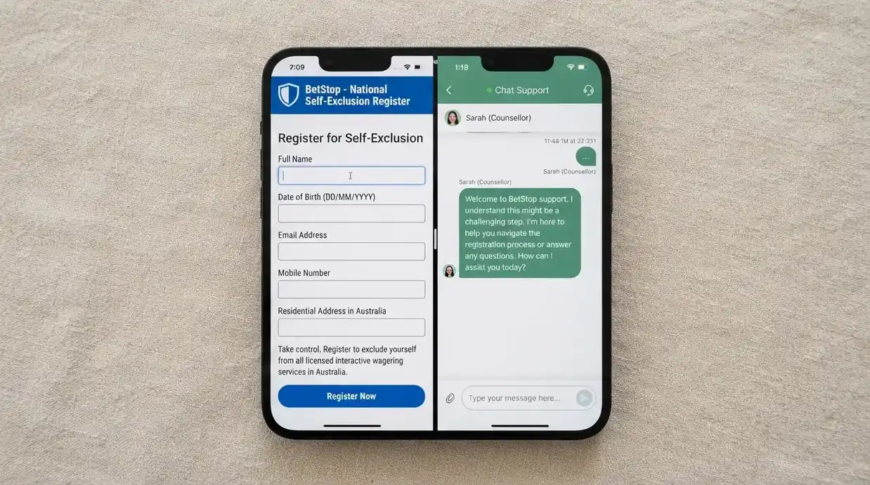 An iPhone screen showing the BetStop.gov.au registration page and the Gambling Help Online chat interface side by side