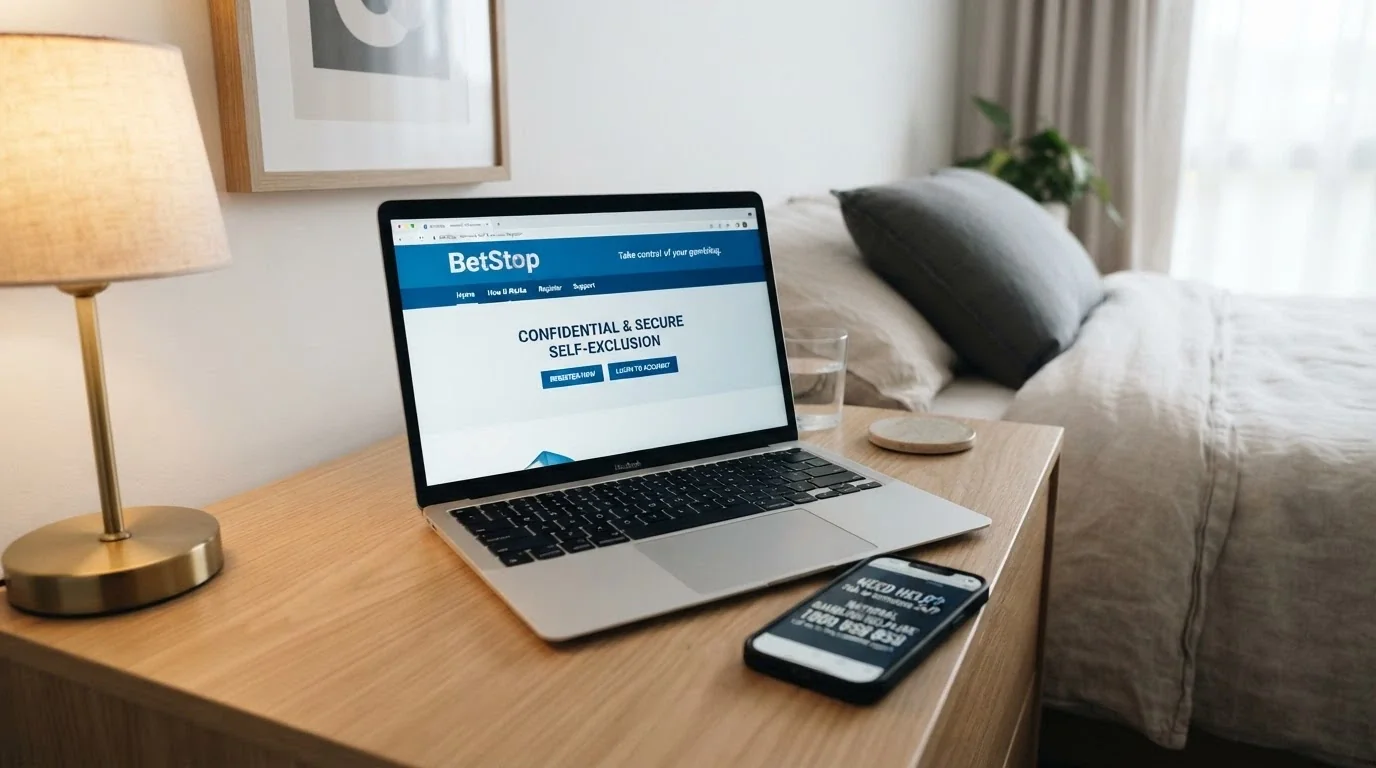 The BetStop National Self-Exclusion Register homepage on a laptop screen, with a phone displaying the Gambling Helpline number 1800 858 858 beside it