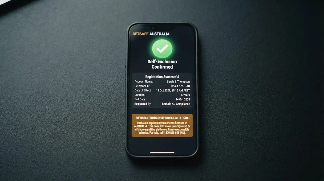 A smartphone displaying the BetStop registration confirmation screen, with a warning overlay about offshore casino coverage