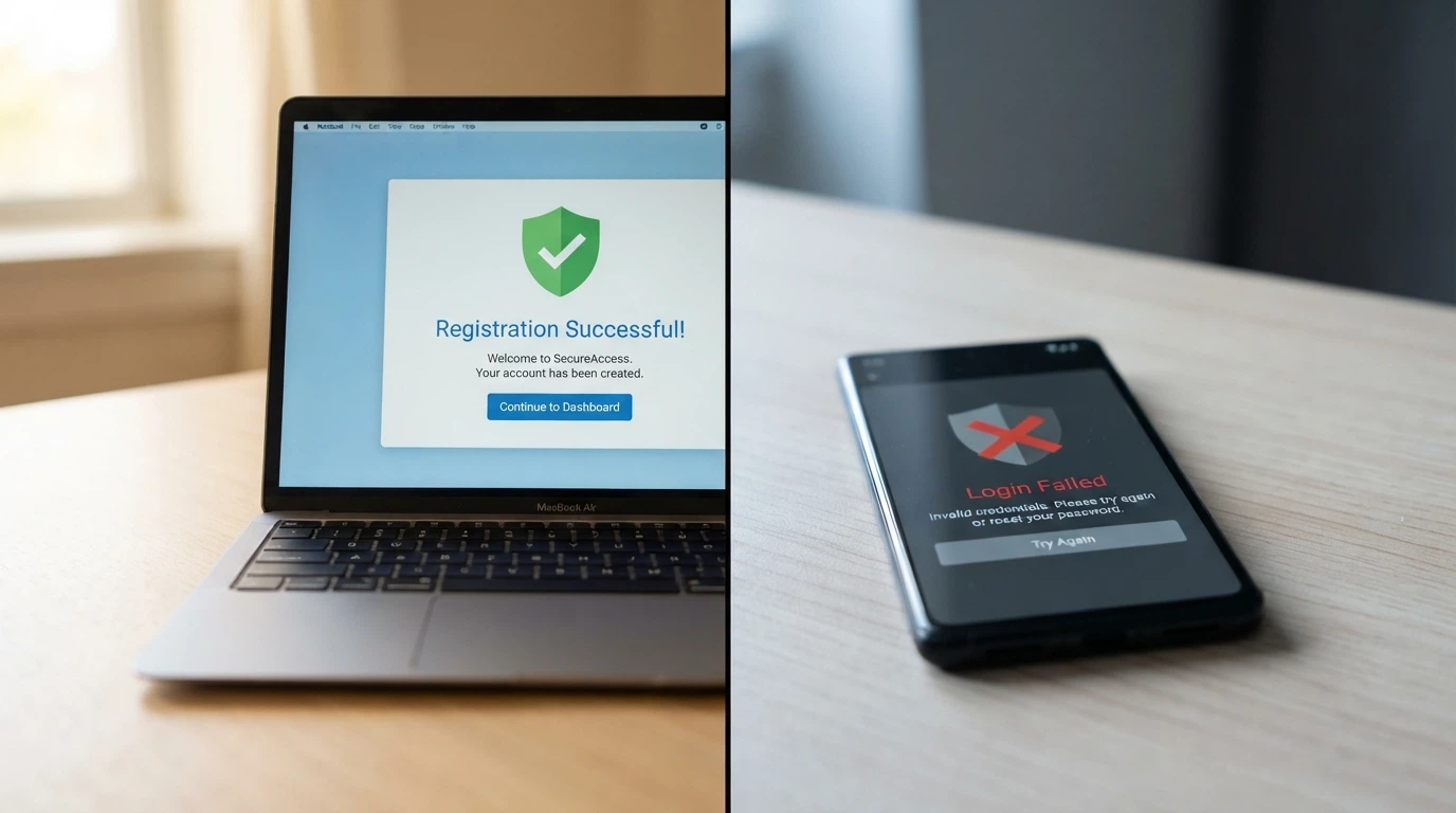A split illustration: one side shows a BetStop registration confirmation screen with a shield icon, the other shows an offshore casino login page with the shield greyed out and a cross through it.