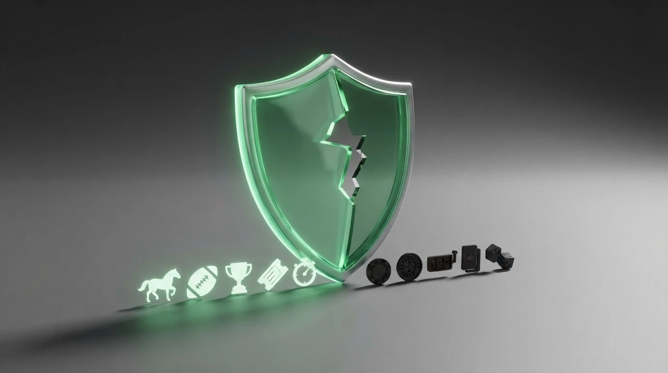 A split illustration: on the left, a BetStop-branded shield covering licensed bookmaker logos; on the right, the same shield failing to cover offshore casino logos with a visible gap