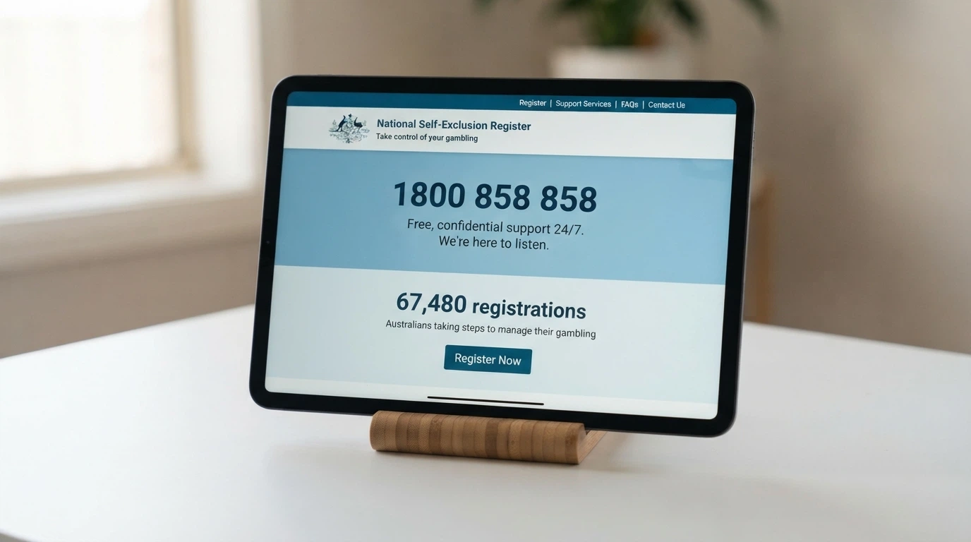 The BetStop National Self-Exclusion Register homepage on a screen with the National Gambling Helpline number 1800 858 858 displayed