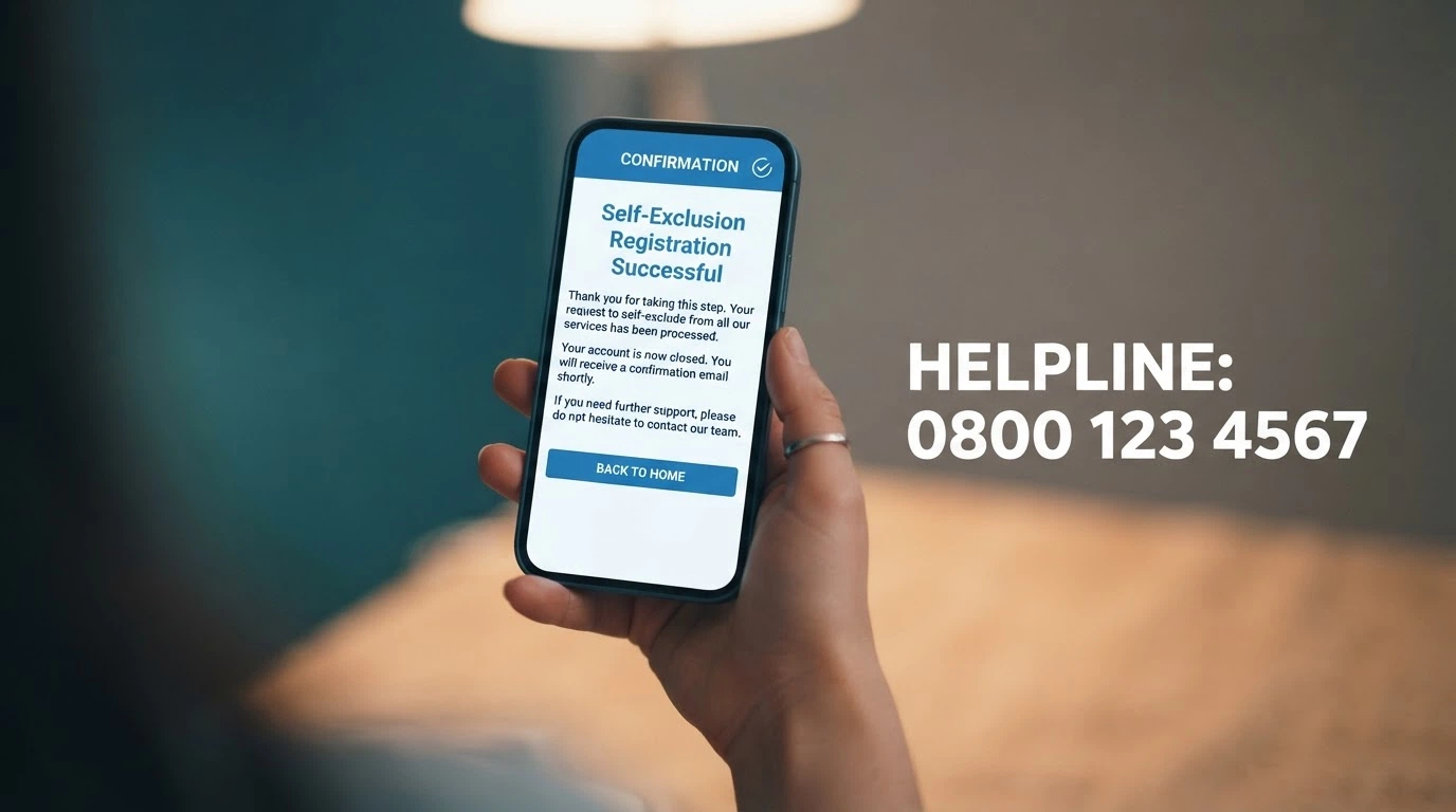 A smartphone screen showing the BetStop registration confirmation page beside the National Gambling Helpline number 1800 858 858 on a contrasting background