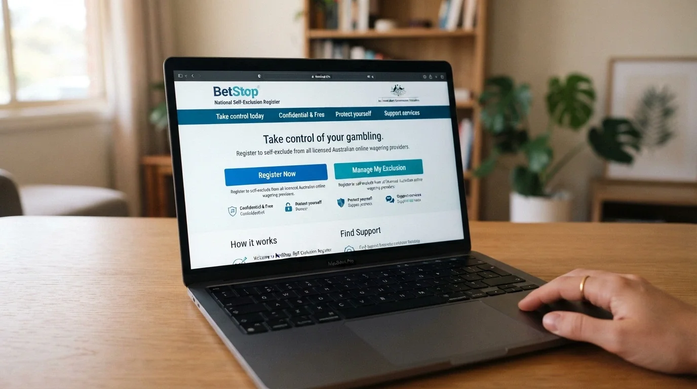The BetStop national self-exclusion register homepage on a laptop screen with the registration options visible