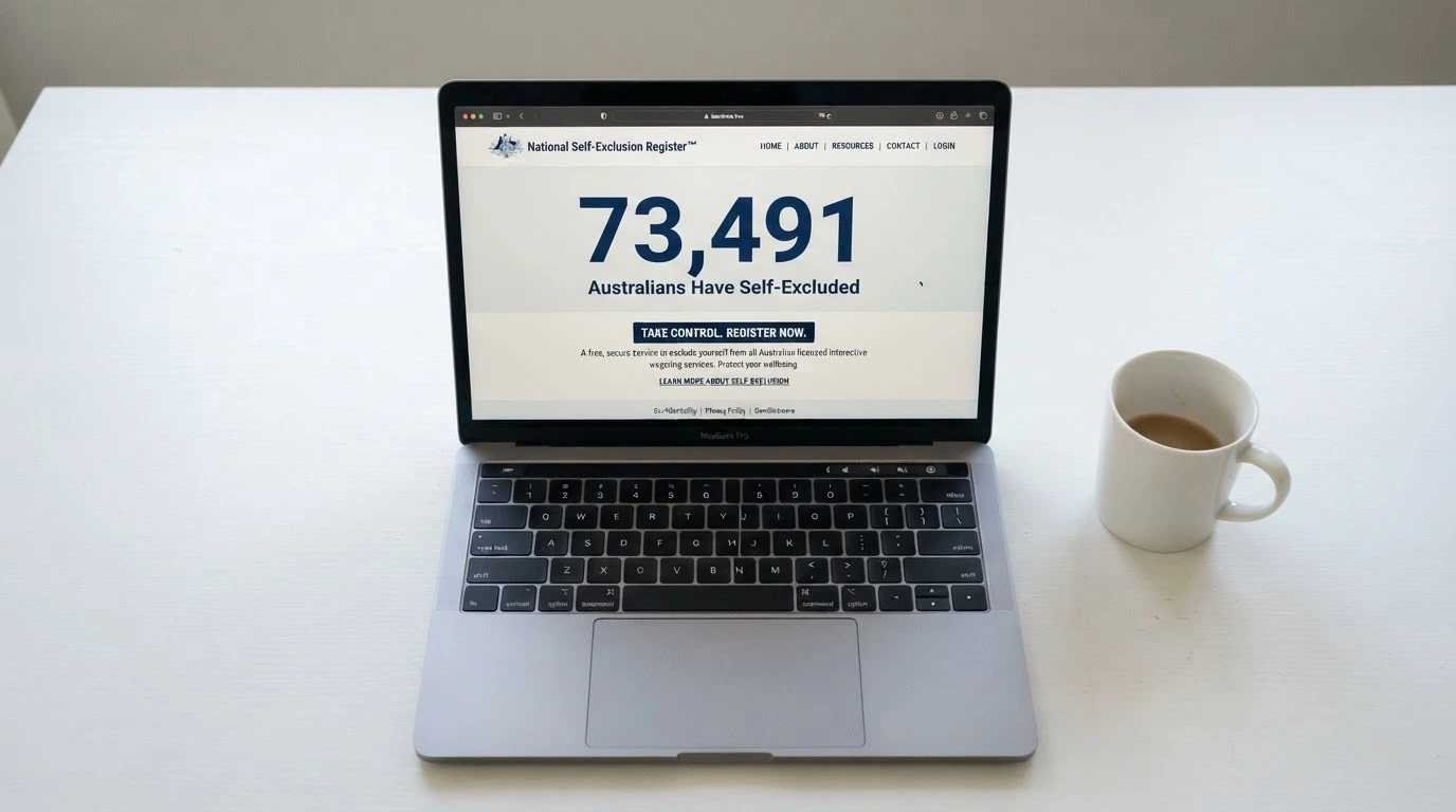A screen showing the BetStop National Self-Exclusion Register landing page with the key statistic (59,830 registrations as of March 2026) highlighted