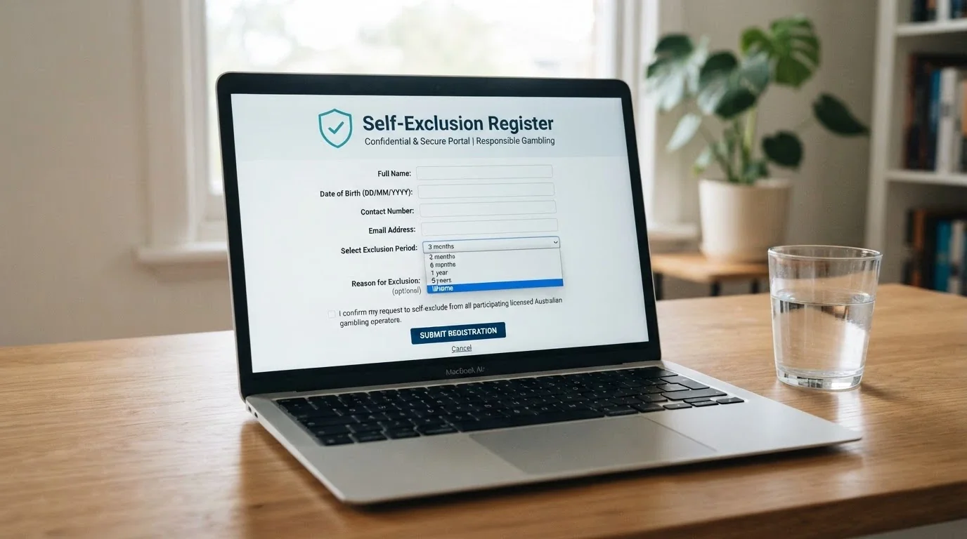 A computer screen showing the BetStop National Self-Exclusion Register homepage with the registration form, the “3 months to lifetime” options visible and the Australian Government crest