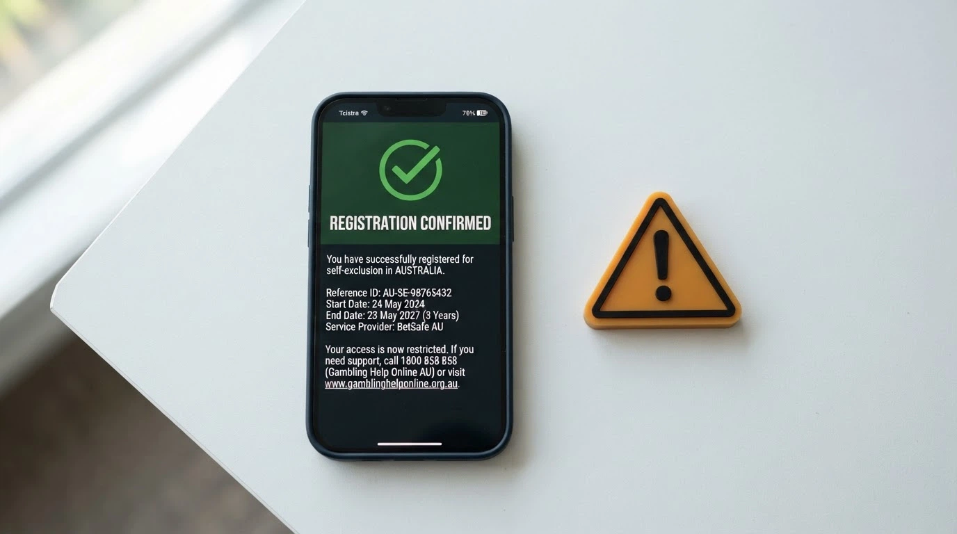 A smartphone showing the BetStop registration confirmation screen beside a warning icon over an offshore casino logo