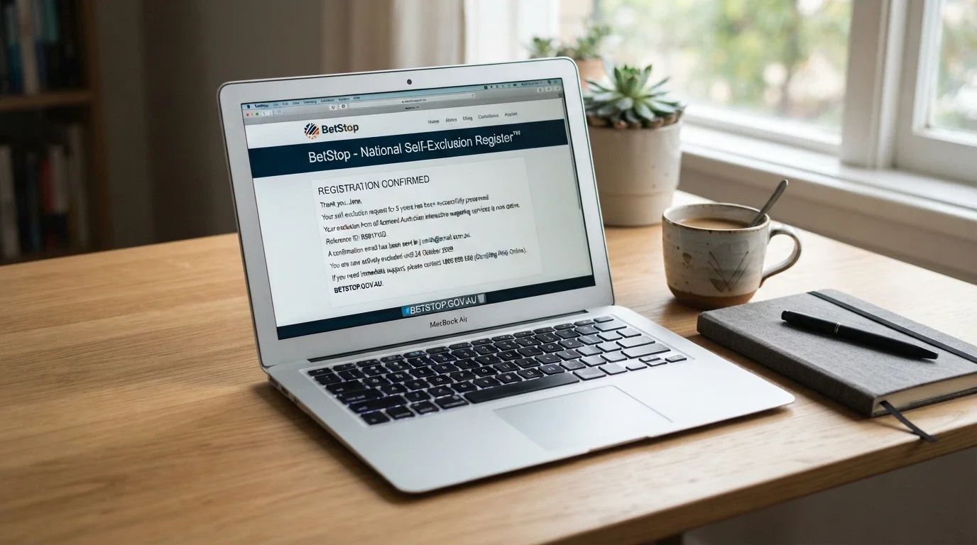 A laptop screen showing the BetStop registration page with a self-exclusion confirmation message on screen