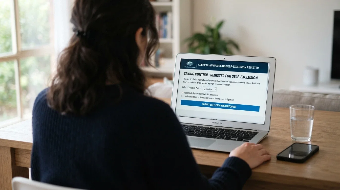 A laptop screen showing the BetStop.gov.au self-exclusion registration page with a duration selector set to “3 months”
