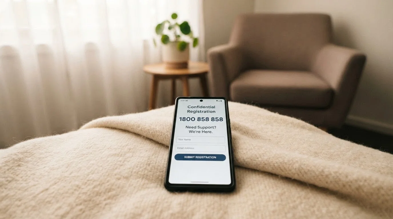A supportive visual — a phone screen showing the BetStop registration page, the National Gambling Helpline number (1800 858 858) prominent, a calm counselling setting in the background