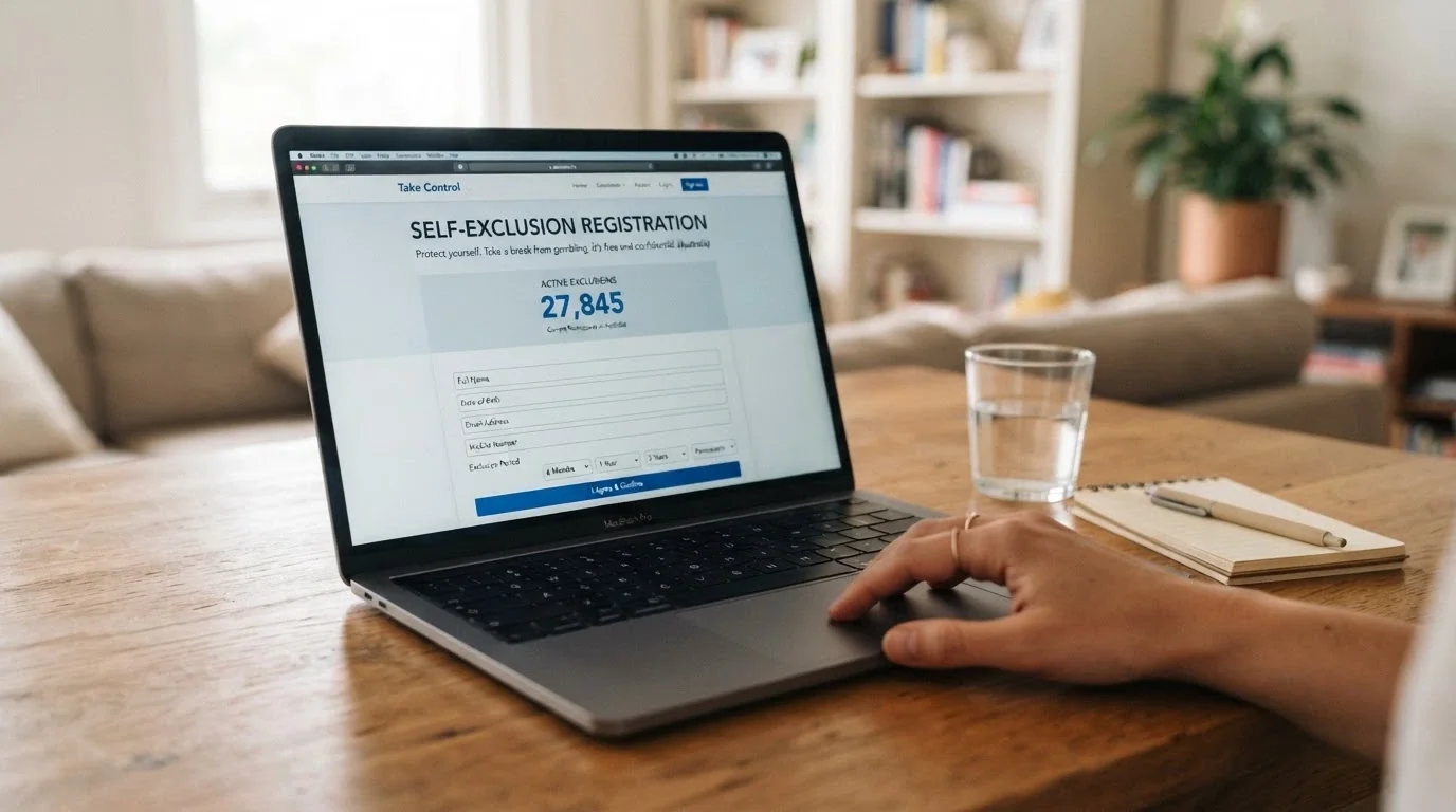 The BetStop National Self-Exclusion Register homepage on a screen, with the registration form and statistics visible