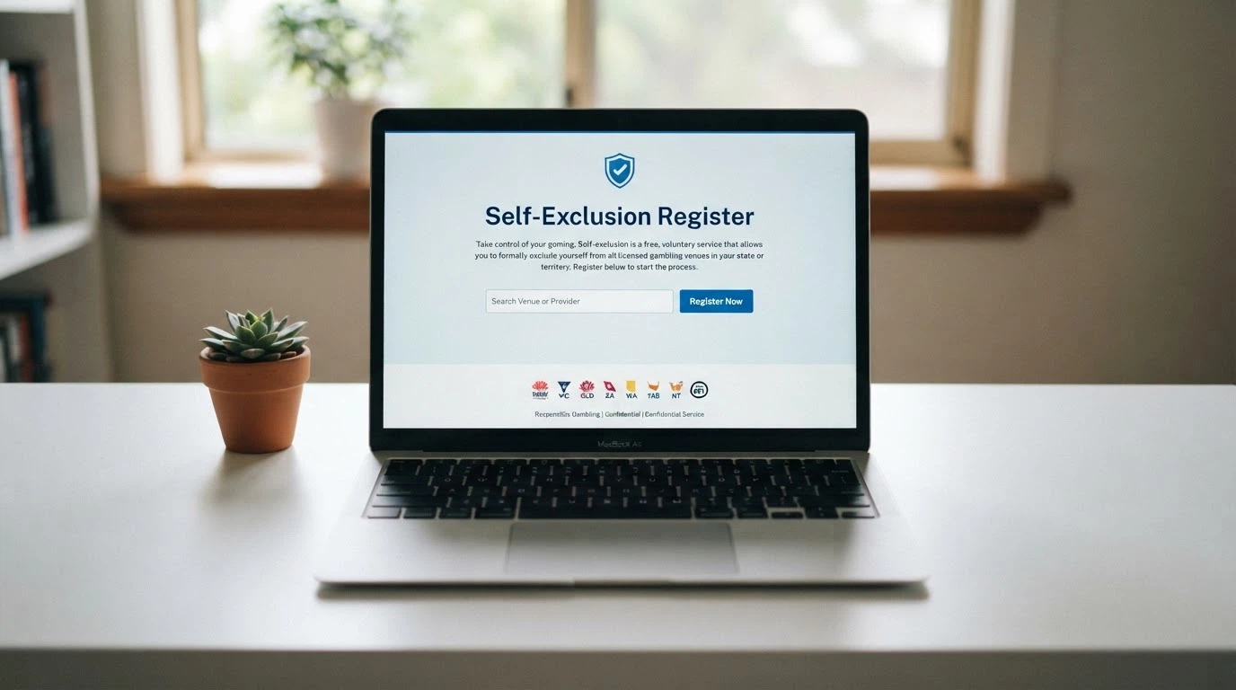The BetStop National Self-Exclusion Register homepage on a laptop screen