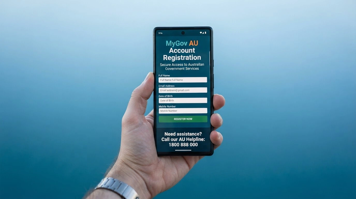 A smartphone displaying the BetStop registration landing page with the National Gambling Helpline number visible beside it, set against a calm blue background
