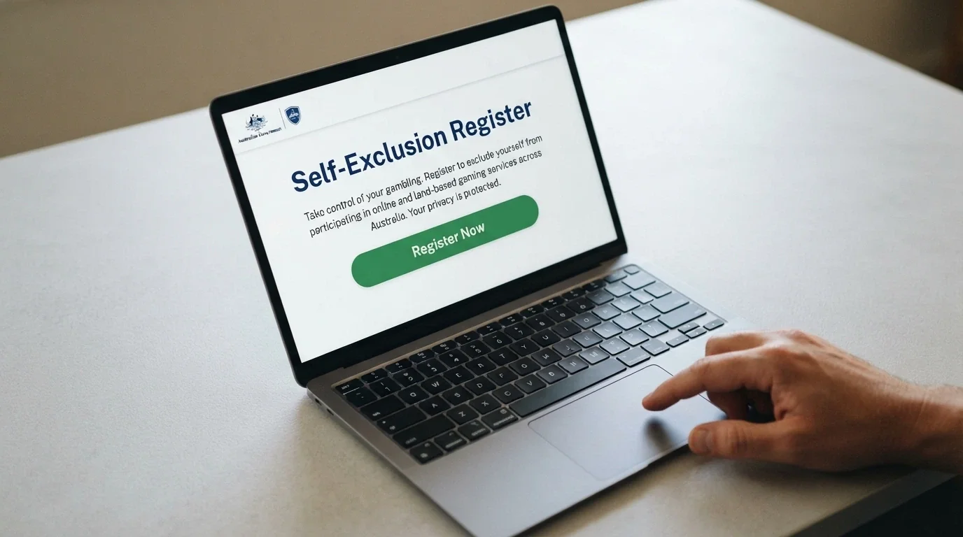 The BetStop National Self-Exclusion Register landing page open on a laptop screen