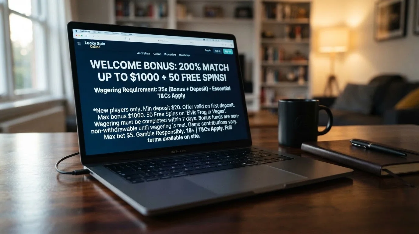 A casino promotions page showing a welcome bonus offer with the wagering requirement and terms highlighted