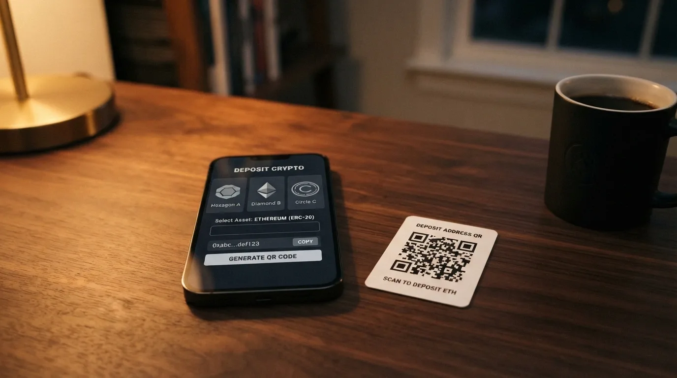 A cryptocurrency wallet QR code on a smartphone next to a casino deposit screen showing Bitcoin, Ethereum and USDT options.