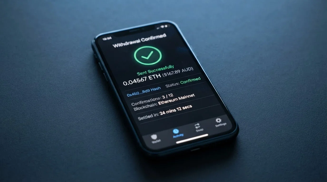 A Bitcoin wallet interface showing a confirmed casino withdrawal transaction with the blockchain confirmation time visible