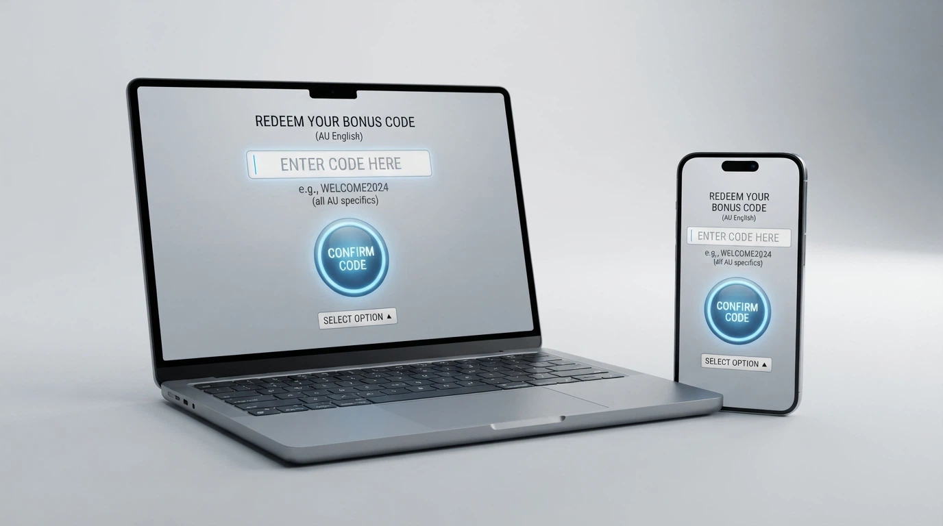 A desktop or mobile screen showing a bonus-code redemption flow: a text field labelled “bonus code,” a confirmation button, and a deposit-method selector