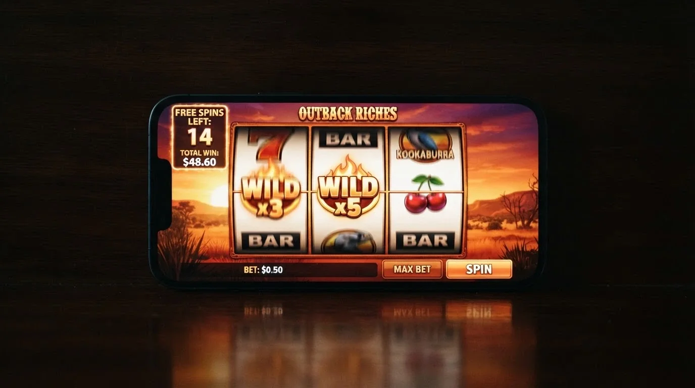 A 3-reel pokie mid-bonus with multiplier wilds and a free-spin counter visible on screen