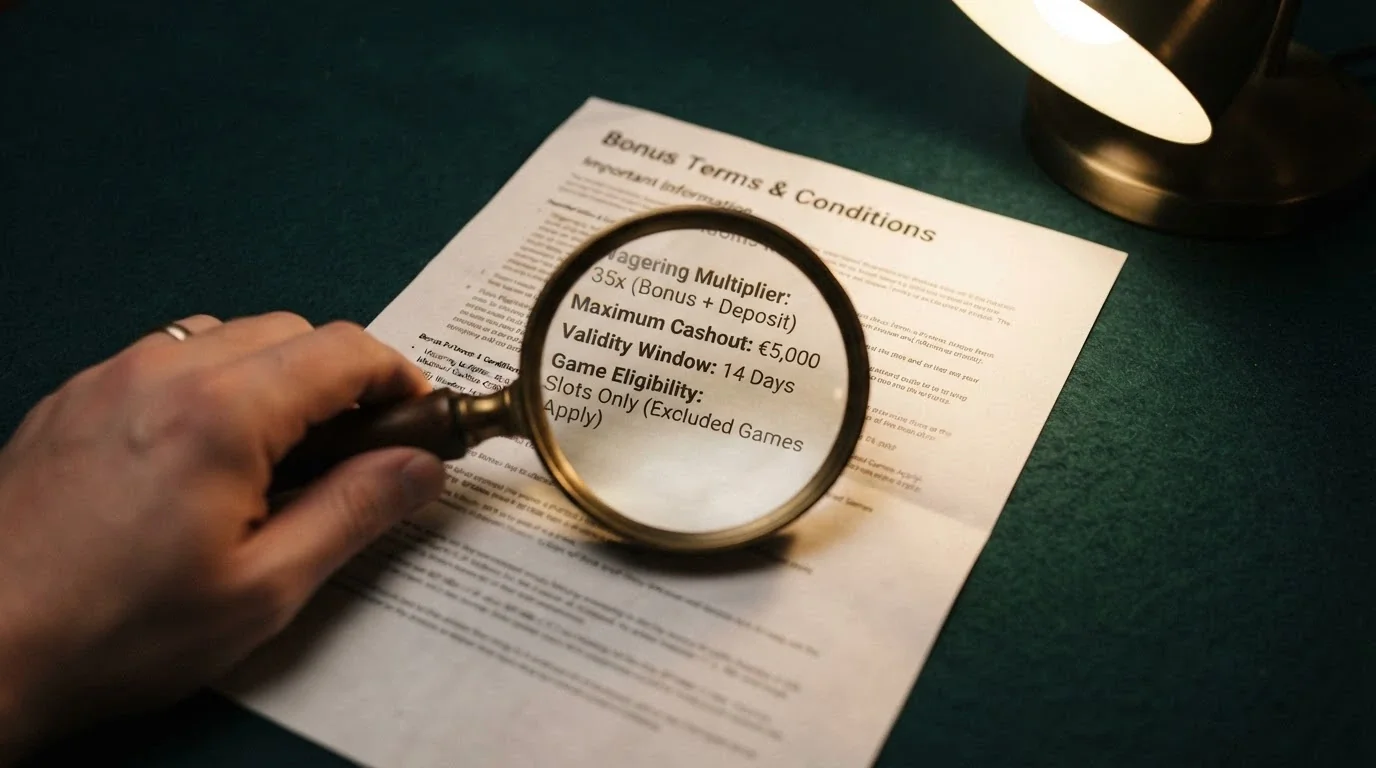 A magnifying glass over a casino bonus terms pop-up, revealing the fine-print lines for wagering requirement, max cashout and game restrictions