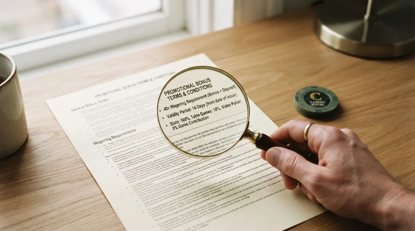 A magnifying glass over a bonus terms pop-up, with the wagering multiplier, validity window and game-weighting clauses highlighted