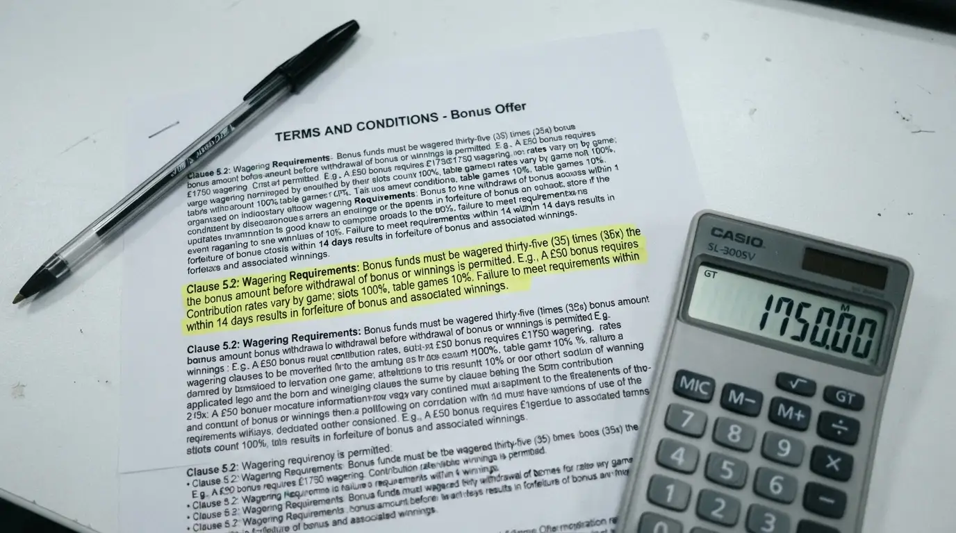 A close-up of bonus terms and conditions text with the wagering-multiple clause highlighted, next to a simple calculator showing the turnover required to clear a A$2,000 bonus at 40x