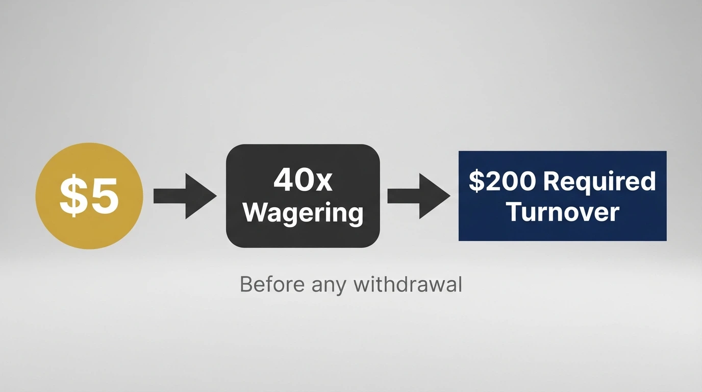 A diagram tracing how a $5 bonus at 40x wagering becomes $200 in required turnover before any withdrawal is possible