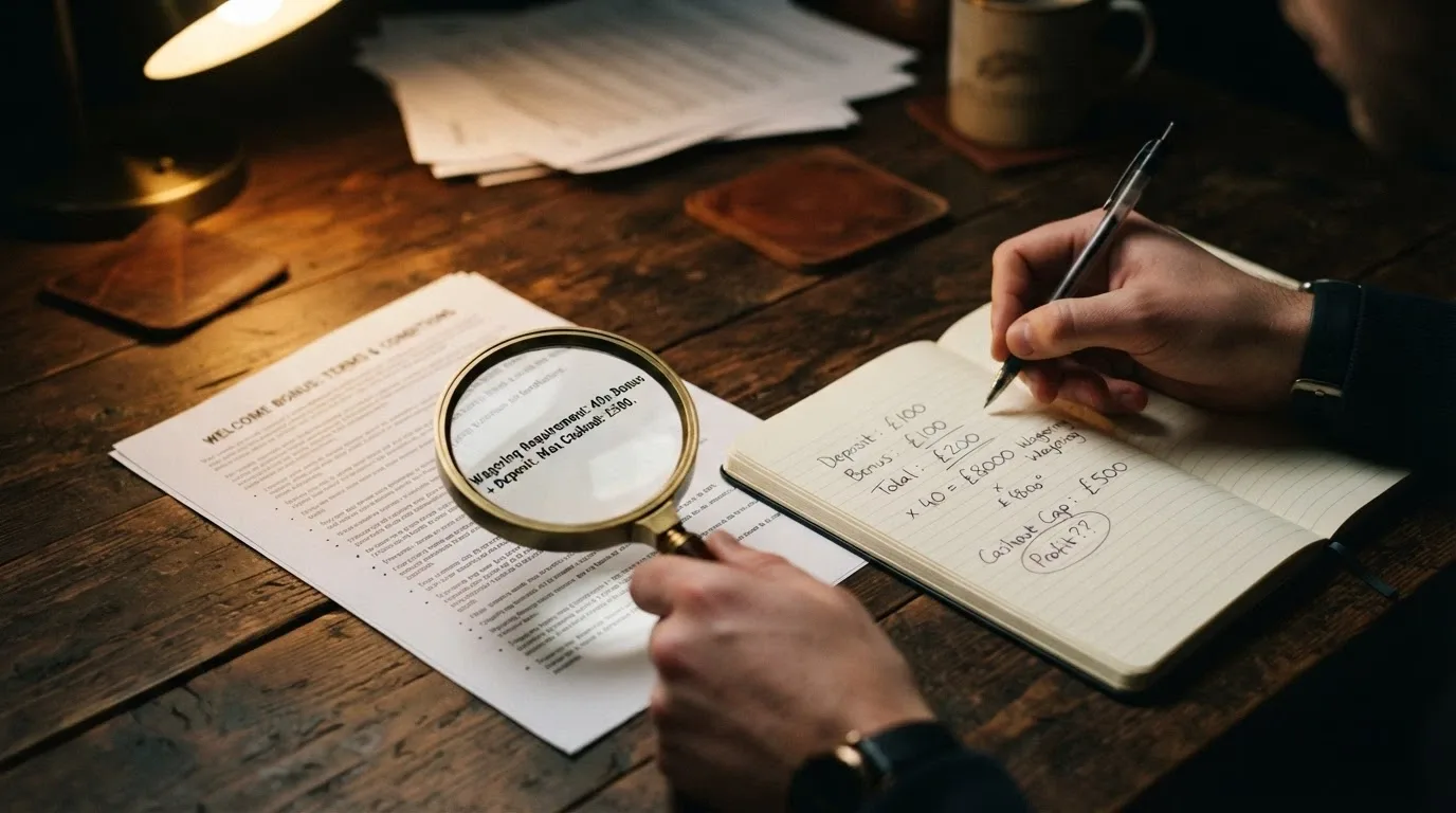 A close-up of bonus terms and conditions with a magnifying glass highlighting the wagering multiplier, max cashout cap and validity period, with a calculator beside it showing the real turnover required