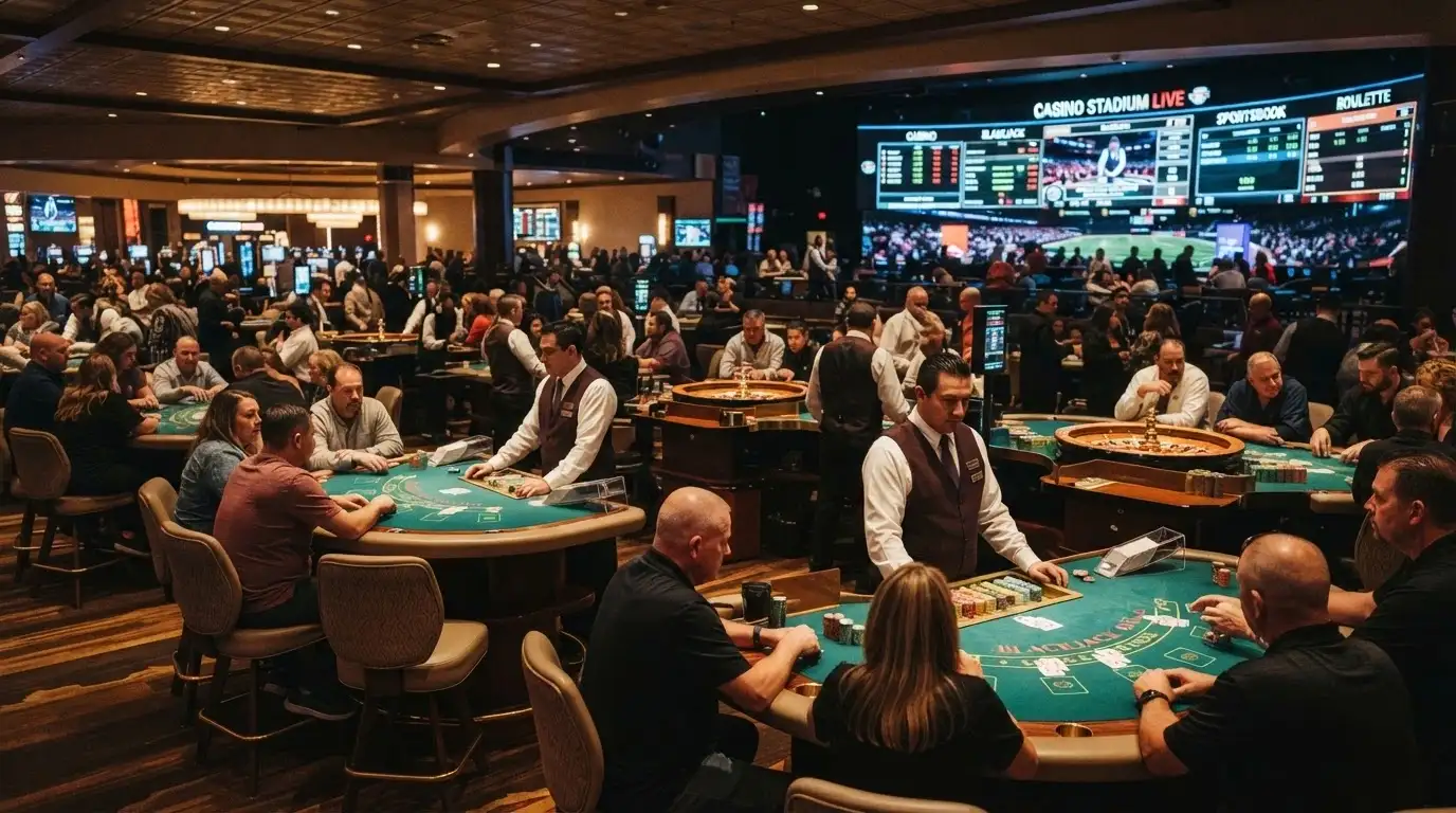 A view across Casino Canberra's main gaming floor showing blackjack and roulette tables in play, dealers at position, with the digital Multi Terminal gaming stadium visible in the background