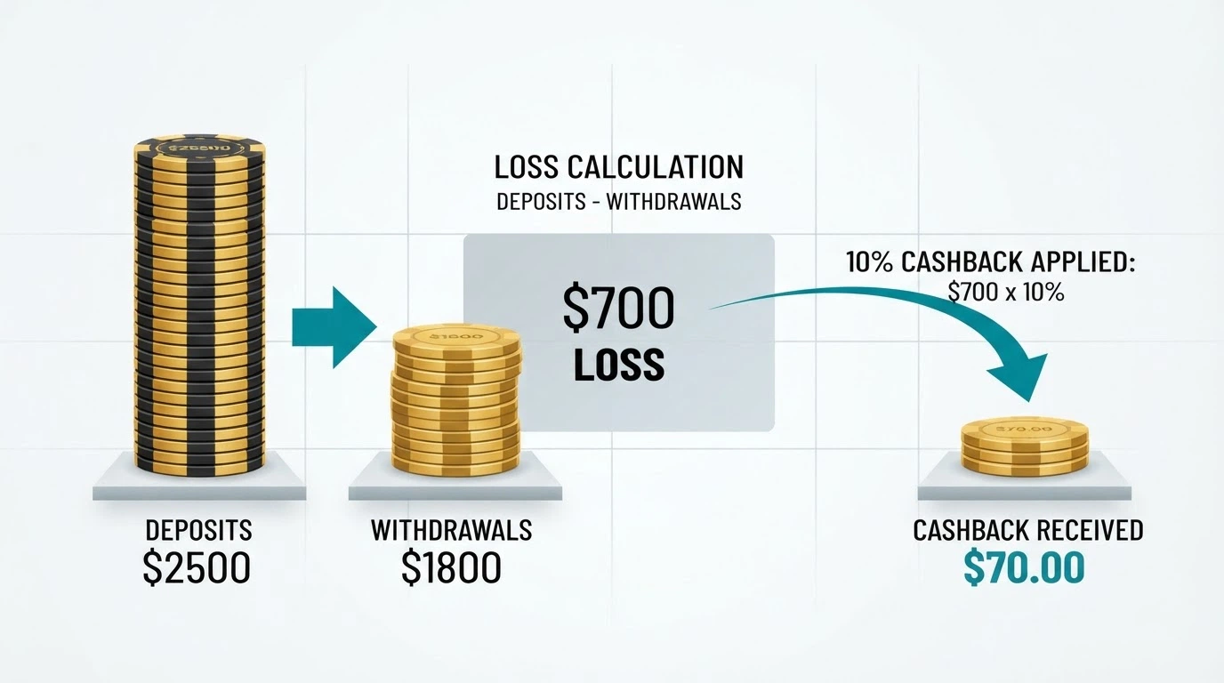 A diagram showing how a net-loss cashback bonus is calculated — deposits minus withdrawals over a set period, with a percentage applied to the difference