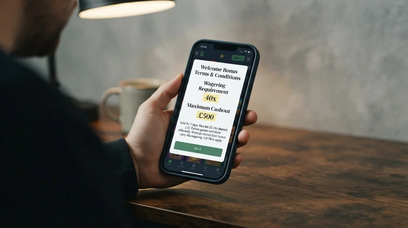 A smartphone screen displaying a casino bonus terms and conditions pop-up, with the wagering requirement and maximum cashout figures highlighted