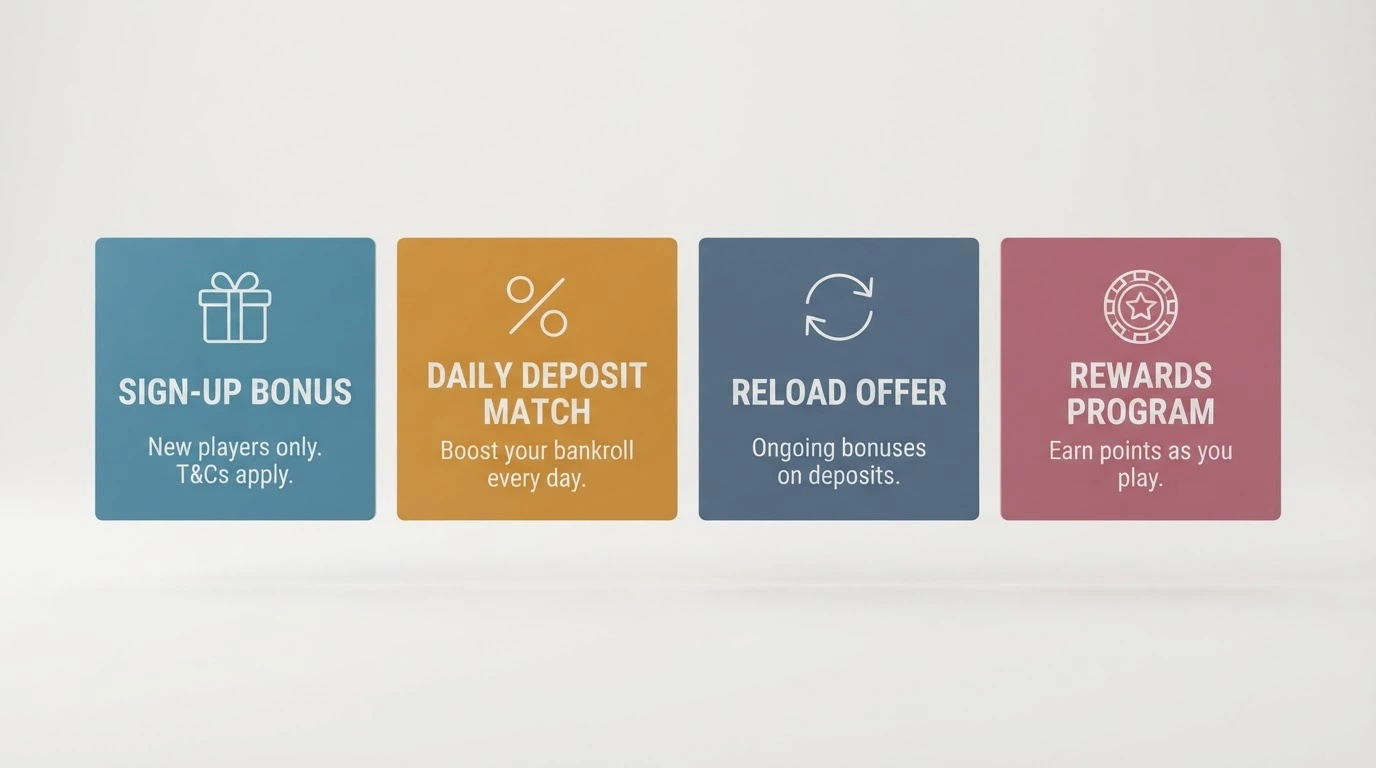 Four stylised cards or tiles side by side, each representing a bonus type — no-deposit, deposit match, free spins, free chip — with their key numbers below