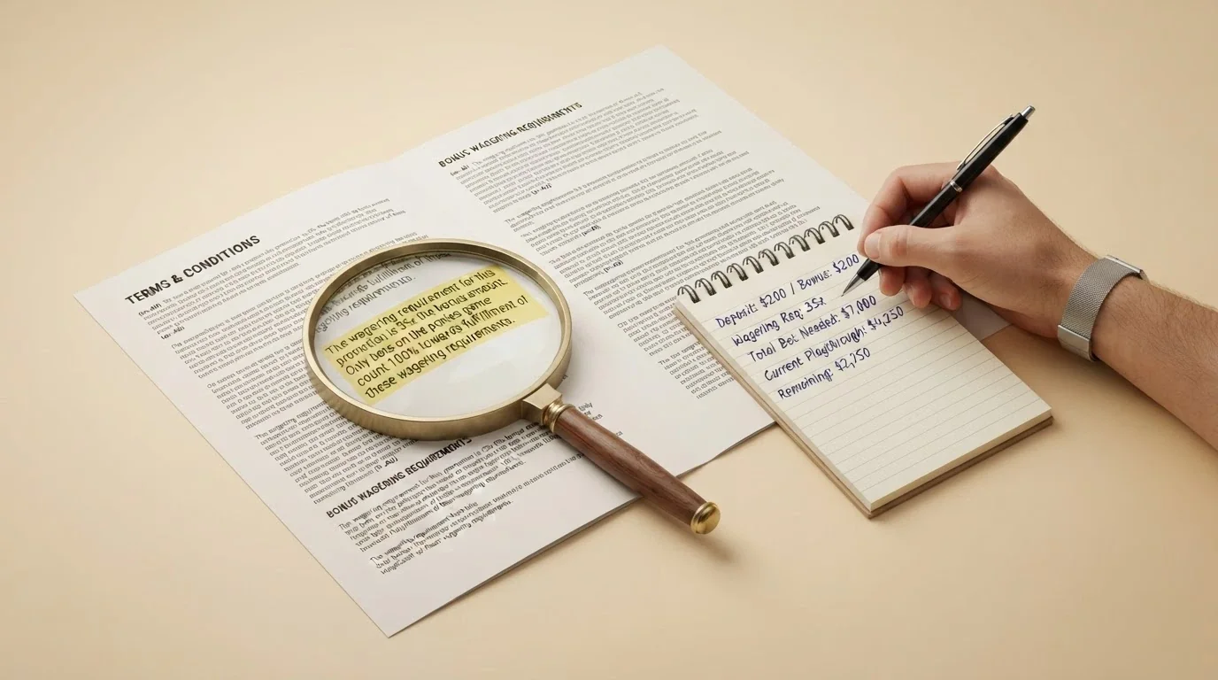 A magnifying glass over a casino bonus terms-and-conditions page, with the “game contribution: craps 5%” clause highlighted and a calculator beside it.
