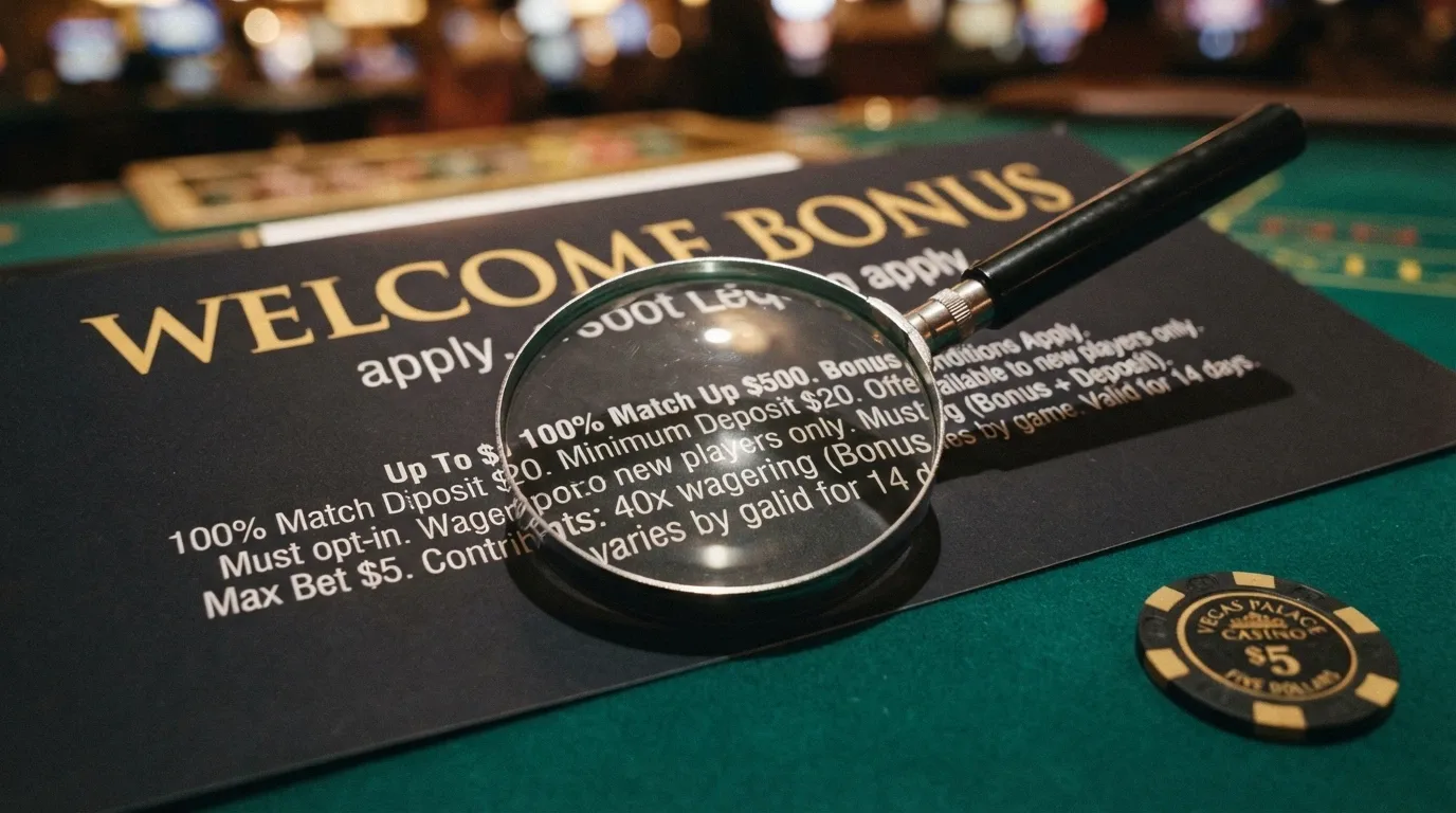 A welcome-bonus banner reading “5 BTC Welcome” in large text, with the 40x wagering requirement and 14-day expiry highlighted in a magnified inset over the terms block.