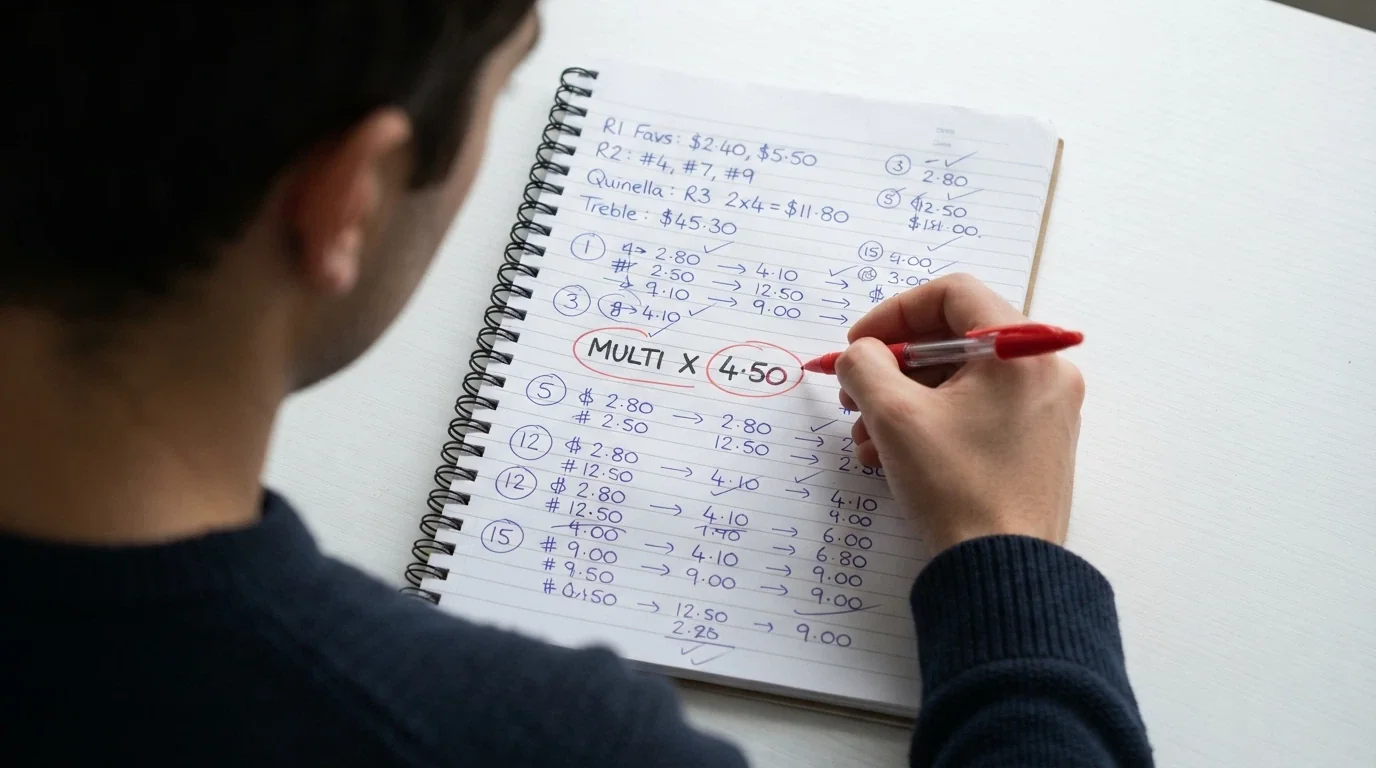 A close-up of bonus terms and conditions text with a calculator and pen beside it, the wagering-multiple figure circled in red