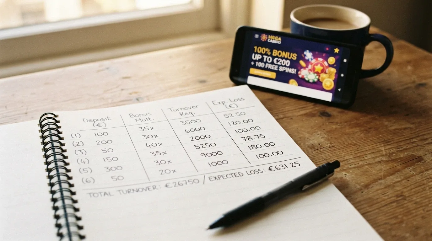 Casino bonus-offer banner displaying a deposit-match percentage and free-spins count beside the fine-print terms