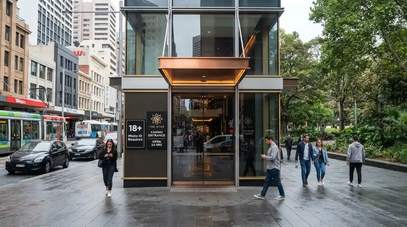 The Casino Canberra street-level entrance on Binara Street with the age-18-and-over and photo-ID-required signage clearly visible