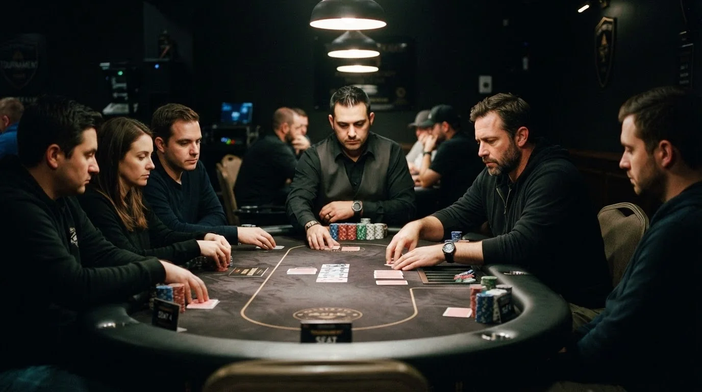 The Poker Pit in action on a tournament night, players seated at a No Limit Texas Hold'em table with chips in play and the dedicated poker-room lighting