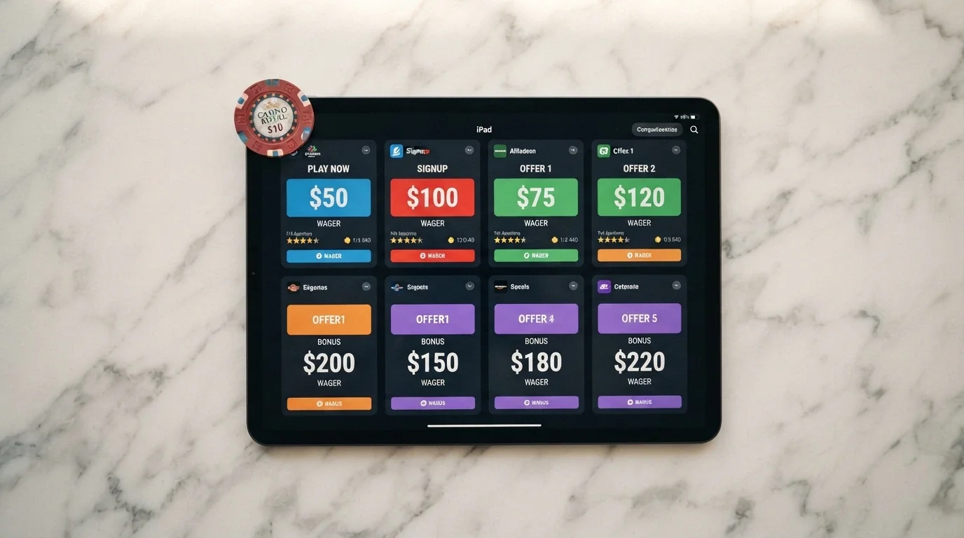 A grid of casino brand cards arranged across a comparison layout with bonus values and wagering figures highlighted in callout boxes.